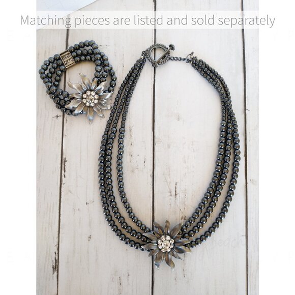 Handmade Floral Beaded Necklace Hematite Triple Layer Corsage Jewelry Whimsigoth - Picture 9 of 11